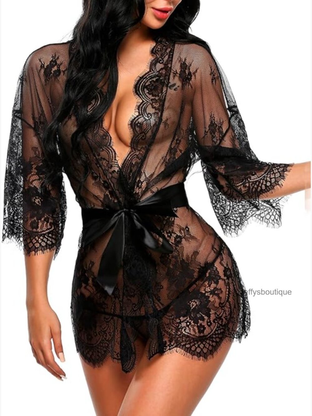 Lace Kimono Robe Babydoll Mesh Nightgown S-5XL